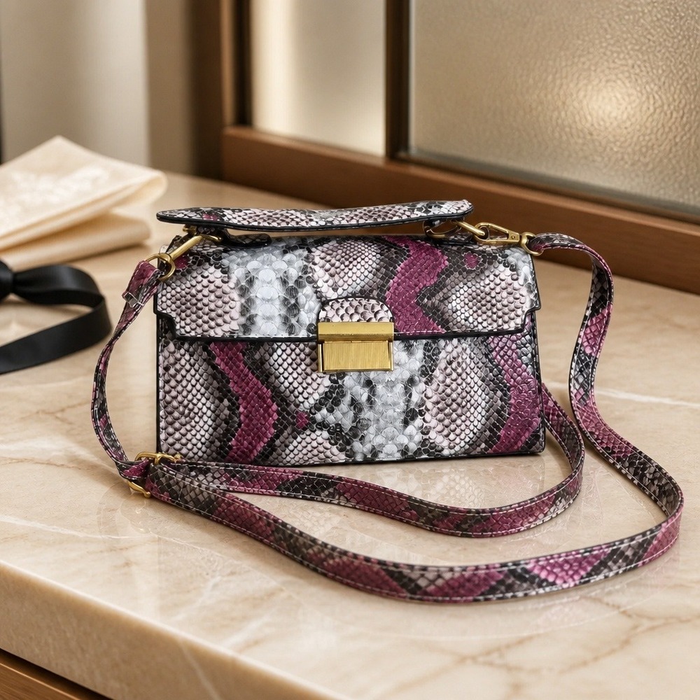 Snakeskin Print Crossbody Bag Purple Grey Faux Leather Gold Hardware Satchel - Picture 2 of 10